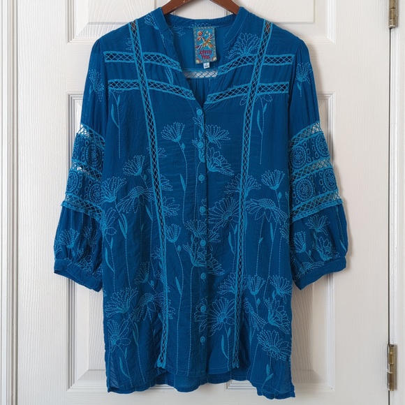Johnny Was Tops - Johnny Was Daisy Peia Boho Floral Embroidered Cupra Rayon Tunic Blouse Blue S